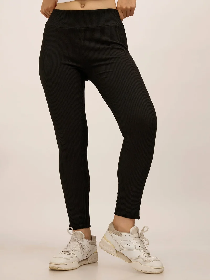 OUTZIDR Black Ribbed Basic Solid Leggings